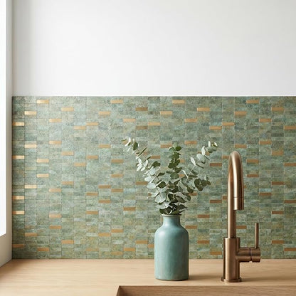 XUANINY Peel and Stick Tile Backsplash Self- Adhesive Wall Tiles Aluminum Mosaic Sticker for Kitchen (11.33"x11.92" Per Sheet, Pack of 5 pcs) (Golden Green 5)