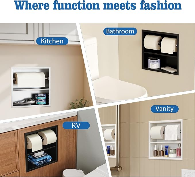 Neodrain Black Recessed Toilet Paper Holder,Double Layer Wet Tissue Holder | Space-Saving Wall Niche Cabinet Storage, Rustproof & Durable,For Bathroom, Kitchen & Vanity