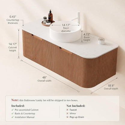 48 Inch Bathroom Vanity with Sink, Floating Wall Mounted Single Sink Vanity, Natural Woodgrain Curved Fluted Front, Stone Top, Pure White Round Vessel Basin, Pre-Assembled