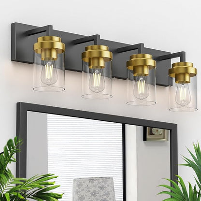 Bathroom Lighting Fixtures, 4-Light Bathroom Vanity Lights Over Mirror, Black and Gold Vanity Light with Glass Shade, Modern Vanity Lighting Fixtures for Bathroom, Bedroom, Hallway