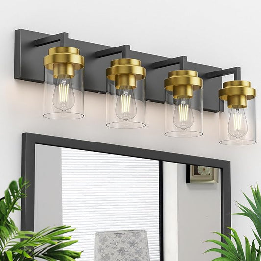 Bathroom Lighting Fixtures, 4-Light Bathroom Vanity Lights Over Mirror, Black and Gold Vanity Light with Glass Shade, Modern Vanity Lighting Fixtures for Bathroom, Bedroom, Hallway
