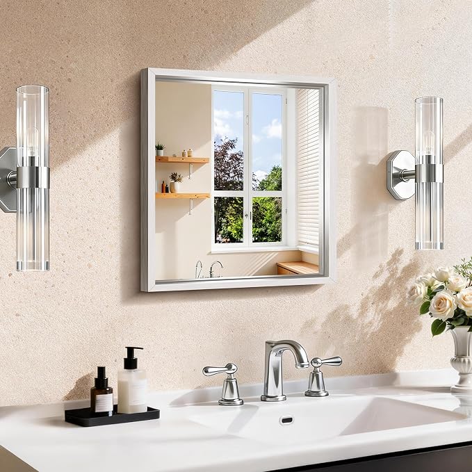 CIRCUMI 14"x16" Brushed Silver Bathroom Mirror, Rectangular Vanity Mirror | Chunky Box Metal Frame, Shatterproof, Tempered Glass, Bathroom Remodel&New Home,Wall Mirror for Over Sink,Living Room,Hallway
