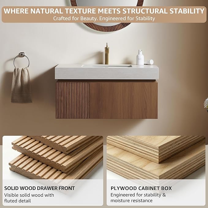 36” Floating Bathroom Vanity with Sink, Wall-Mounted Cabinet with Drawer & Doors, Roma Travertine-Pattern Countertop, Undermount Basin, Single Faucet Hole, Soft-Close, Pre-Assembled, Brown Oak