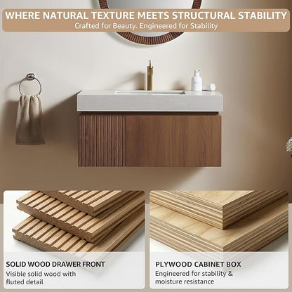 36” Floating Bathroom Vanity with Sink, Wall-Mounted Cabinet with Drawer & Doors, Roma Travertine-Pattern Countertop, Undermount Basin, Single Faucet Hole, Soft-Close, Pre-Assembled, Brown Oak