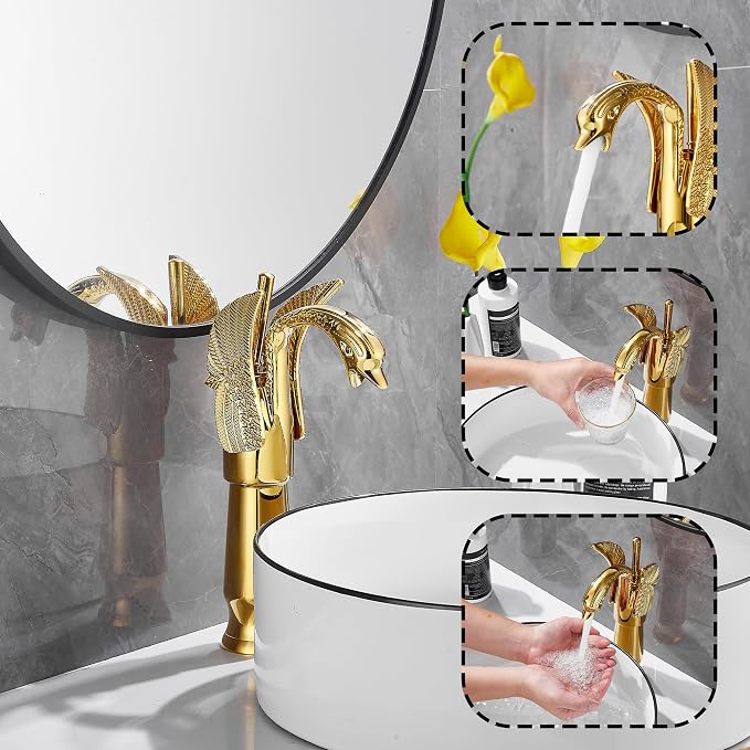 Gold Swan Shape Single Handle One Hole Bathroom Vessel Sink Faucet Deck Mount Lavatory Sink Faucet