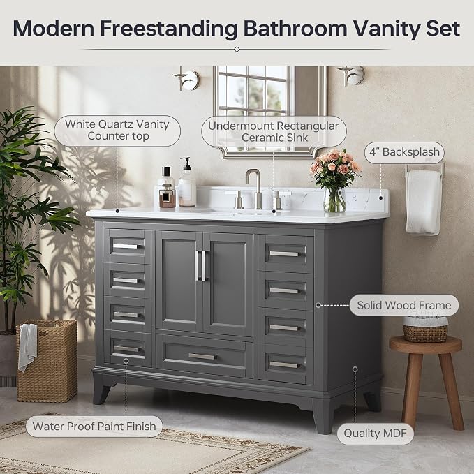 48 Inch Fully Assembled Bathroom Vanity with Sink, Grey | Solid Wood, Quartz Top & Backsplash, Soft-Close Doors, Dovetail Drawers, Large Storage, Modern Farmhouse Bath Upgrade