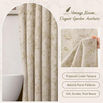 Farmhouse Floral Linen Shower Curtain, Vintage Beige Pattern Rustic Shower Curtains for Bathroom, Tan Taupe,72x90