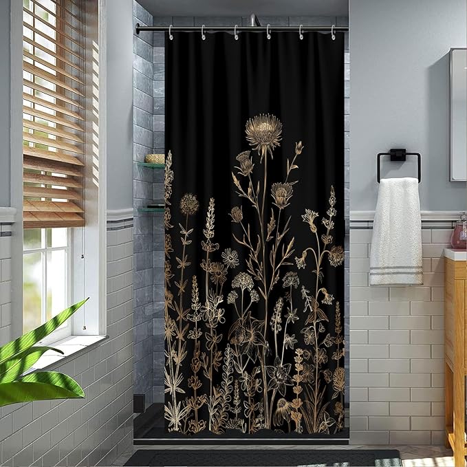 Vintage Black and Gold Boho Shower Curtain, Black and Tan Cream Floral Aesthetic Dark Wildflower Botanical Flowers Shower Curtain for Bathroom with Hook,Farmhouse Plant Art Chic Shower Curtain 36X72