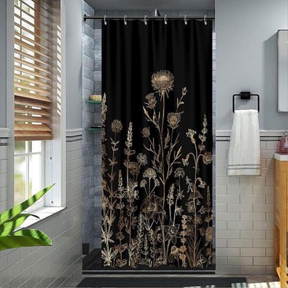 Vintage Black and Gold Boho Shower Curtain, Black and Tan Cream Floral Aesthetic Dark Wildflower Botanical Flowers Shower Curtain for Bathroom with Hook,Farmhouse Plant Art Chic Shower Curtain 36X72