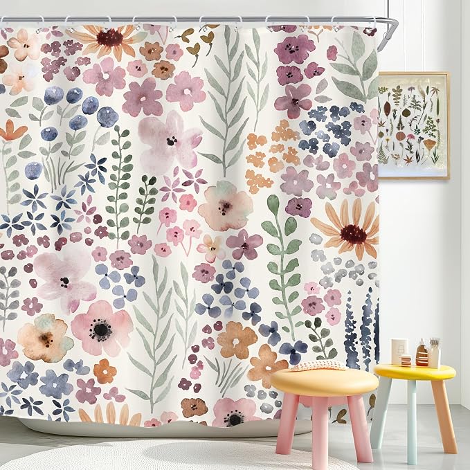 Cute Floral Flower Watercolor Spring Botanical Bathroom Shower Curtain Set | 72"W x 72"H Rustic Plant; waterproof HD print, quick-dry fabric with 12 hooks for easy hanging.
