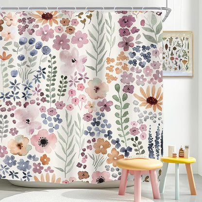 Cute Floral Flower Watercolor Spring Botanical Bathroom Shower Curtain Set | 72"W x 72"H Rustic Plant; waterproof HD print, quick-dry fabric with 12 hooks for easy hanging.