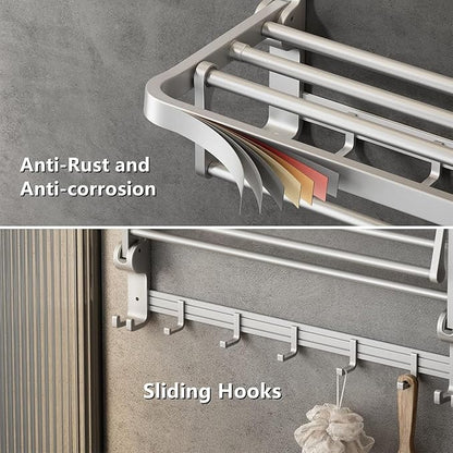 Towel Rack Wall Mount for Bathroom with Towel Bar and Hooks 23.6 in Foldable Towel Shelf Lavatory Towel Organizer Matte Silver