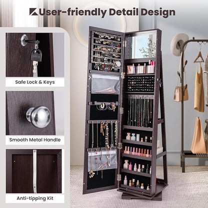 CHARMAID 360° Swivel Jewelry Armoire with Full Length Mirror, Standing Lockable Jewelry Cabinet Organizer, Large Storage Capacity, Inside Makeup Mirror, Back Storage Shelves (Espresso)