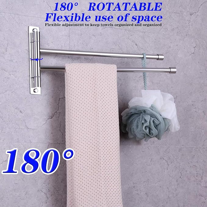 GERZWY Bath Towel Rack Hanger Towel Holder Organizer Bathroom Swing Arm Towel Bars 2-Arm Wall Mount Stainless Steel Polished Finish