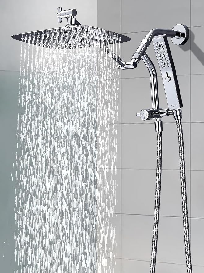 G-Promise 12 Inch All Metal Rain Shower Head with Handheld Spray (Chrome) | Suits Every Height, Pause Mode Diverter, Massage Mode Handheld, Full Body Coverage, Easy to Install, Modern Bath Upgrade