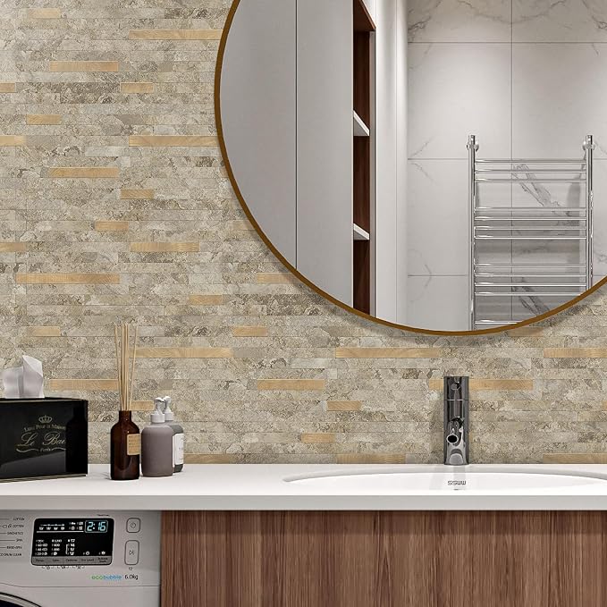 STICKGOO 2 Sheets Peel and Stick Backsplash Tile, Stick on Backsplash for Kitchen and Bathroom, Stone Beige Marble Look PVC Mixed Metal Gold Self Adhesive Wall Tiles