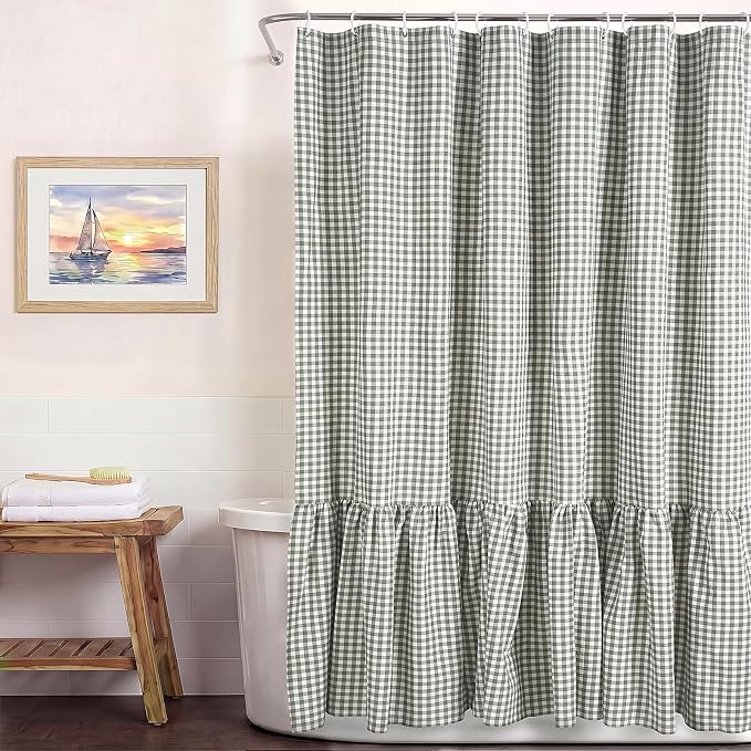 HunnmingRe Ruffle Hem Gingham Shower Curtain Sage Green | 72'' x 72'' Vintage Farmhouse Curtain, Cotton Cottage Core Rural Checkered Plaid Decor, Fall Shower Curtain for Bathroom
