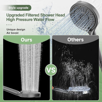Filtered Shower Head, 6 Inch High Pressure Handheld Shower Filter Head for Hard Water, 6 Spray Modes Water Softener Showerhead with Hose and Shower Arm Bracket, Dark Grey