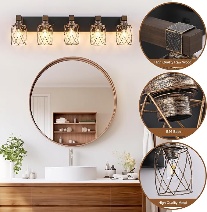 5-Light Black Gold Farmhouse Vanity Light, Wood & Metal Cage Shade | Mounted Over Mirror, Industrial Rustic Style, Ideal for Bathroom, Bedroom, Hallway & Living Room, Easy To Install