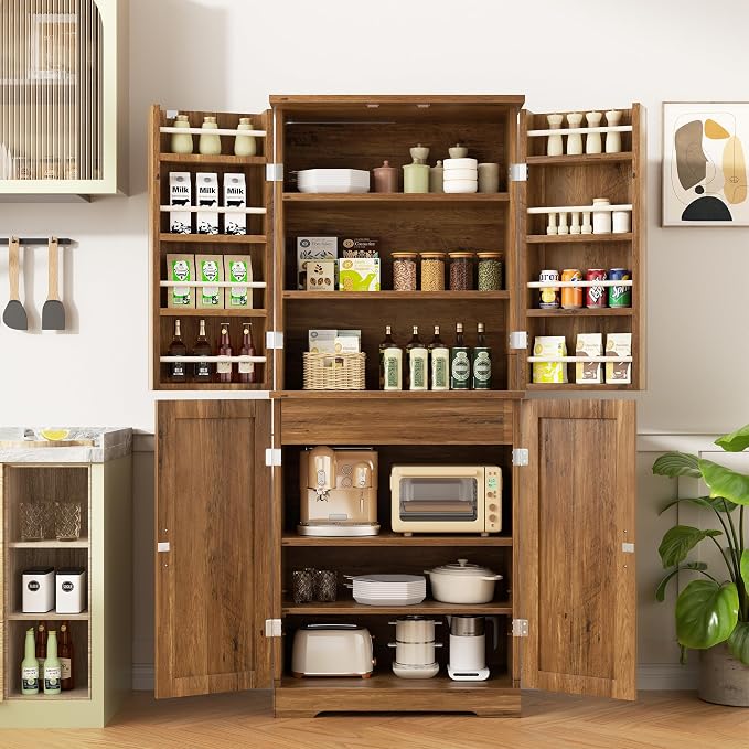 Shintenchi Kitchen Pantry Cabinet, Farmhouse Tall Cupboard, Rustic Brown | Freestanding, with 8 Door Shelves, 2 Cabinets and 1 Drawer, for Kitchen, Living Room, Dining Room and Bathroom
