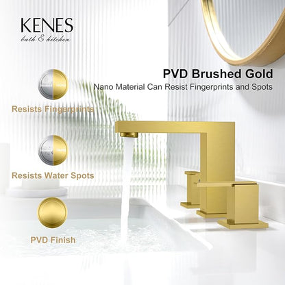 Brushed Gold Widespread Bathroom Faucet 3 Hole Vanity Faucet 2 Handle | Bathroom Sink Faucet with Pop Up Drain & Supply Lines, Lead-Free cUPC & NSF Certified, 8 Inch Faucet for Vanity Restroom Sink