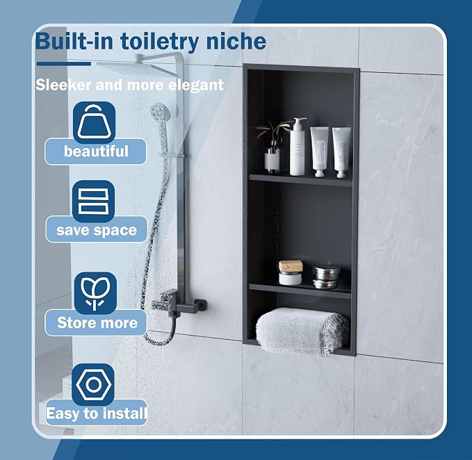 30 x 12 Inch Shower Niche, Matte Black Stainless Steel Recessed Wall Niche, No Tile Needed Built-in Shower Shelf, 3-Tier Bathroom Storage Organizer, Waterproof Rustproof