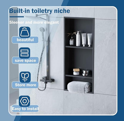 30 x 12 Inch Shower Niche, Matte Black Stainless Steel Recessed Wall Niche, No Tile Needed Built-in Shower Shelf, 3-Tier Bathroom Storage Organizer, Waterproof Rustproof