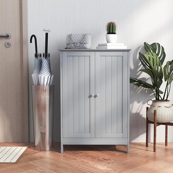 Giantex Storage Cabinet with Doors and Shelves - Freestanding Storage Organizer with Anti-Tipping Device, Entryway Storage Unit for Living Room, Home Decor, Bathroom Floor Cabinet (Gray)