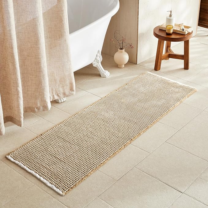 TYUU Waffle Runner Rug Bathroom, Long Boho Bath Mat, 72x24 Khaki & White | Super Absorbent Quick Dry Bath Rug, Non-Slip Backing, Soft Waffle Washable Farmhouse Bathroom Mats, Tub, Shower & Home Decor