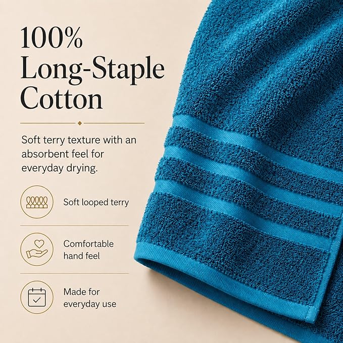 Velqora Bath Towels, 2 Pack, 30x60 in, 100% Cotton, Soft & Absorbent, Blue | Balanced Weight | Everyday Comfort | Easy Care