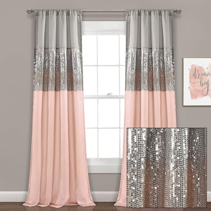 Lush Decor Night Sky Window Curtain Panel, Single 42"W x 95"L Gray & Blush - Sequin Backdrop Curtain - Room Darkening Curtains For Bedroom - Glam Decor