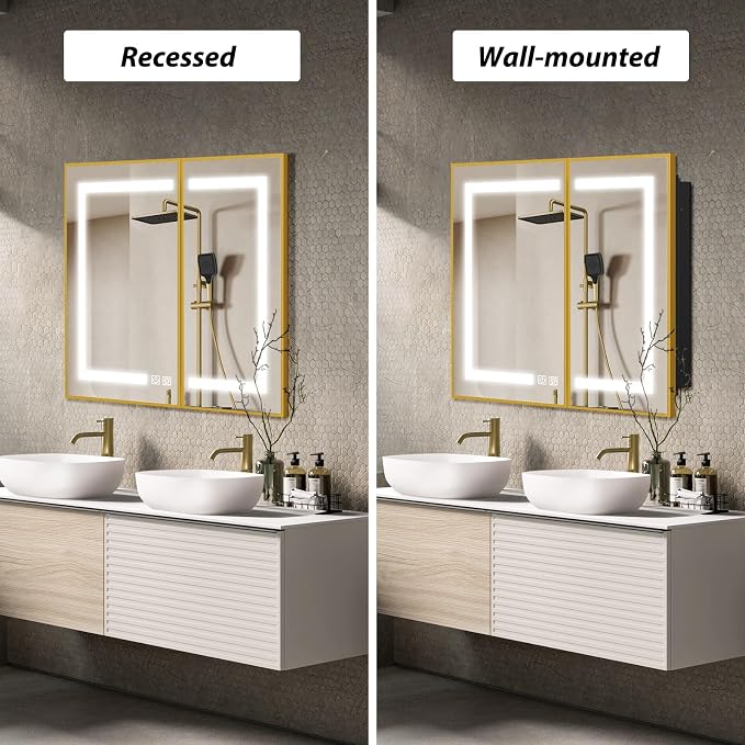 APRILSOUL 36x30 Inch Lighted Bathroom Medicine Cabinet with Mirror, Gold Recessed or Surface Mount Medicine Cabinet Mirror with Storage and LED Lights, 3 Colors Temperature, Dimmable Light
