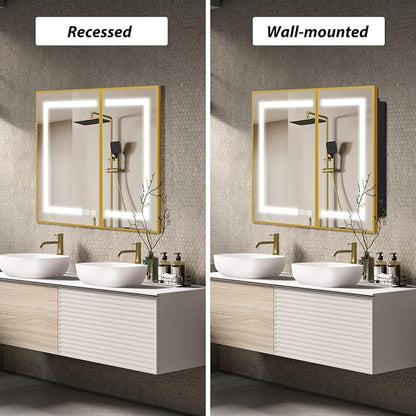 APRILSOUL 36x30 Inch Lighted Bathroom Medicine Cabinet with Mirror, Gold Recessed or Surface Mount Medicine Cabinet Mirror with Storage and LED Lights, 3 Colors Temperature, Dimmable Light