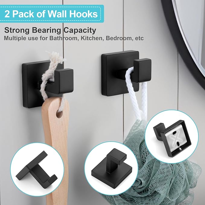 Herogo 5 Pieces Bathroom Accessories Set, 23.5 Inch Matte Black Bathroom Hardware Set, Including Toilet Paper Holder, Hand Towel Holder, Hooks & Ring, Bath Towel Racks Bars Wall Mount