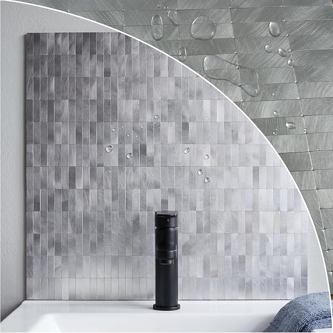 XUANINY Peel and Stick Tile Backsplash Wall Tiles, Frosted Silver, 8-Pack | Self-Adhesive, Easy to Install, Aluminum Mosaic Sticker, For Kitchen, 11.33"x11.92" Per Sheet