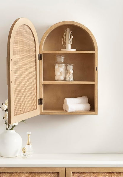 Kate and Laurel Ori Transitional Cane One-Door Arched Wall Cabinet, 15 x 8 x 24, Natural, Decorative Rattan Wall Storage Cabinet with Three Shelves for Entryway or Living Room Decor