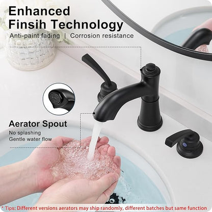 Brass Black Widespread Bathroom Faucet 3 Hole, 8 Inch Farmhouse Black Bathroom Sink Faucet 2 Handle with Pop up Drain & Pre-Installed Water Hose
