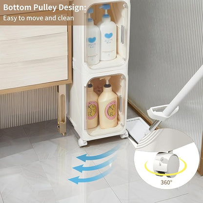 4-Tier Narrow Storage Cabinet Slim Bathroom Tall Skinny Organizer,White | Foldable Storage Cabinet with Lockable Rolling Wheels Magnetic Clear Door Adjustable Detachable Shelves For Narrow Space