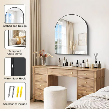 Arched Bathroom Mirror 30x36 Inch, Bathroom Mirror for Over Sink, Wide Wall Mounted Vanity Mirror with Aluminum Frame & Tempered Glass, Ideal for Bedroom, Entryway, Living Room, Mantel, Black