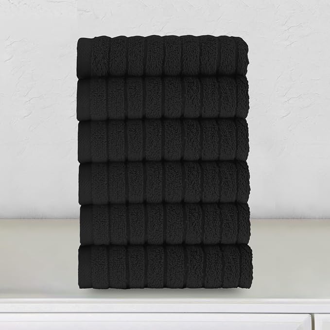 Elegant Comfort 100% Turkish Cotton Corduroy Ribbed Luxury Washcloths 6 Pack Soft 13 x 13 Inch - Higly Absorbent, Durable, Quick Dry, Spa Premium Hotel Quality for Bathroom or Travel, Black