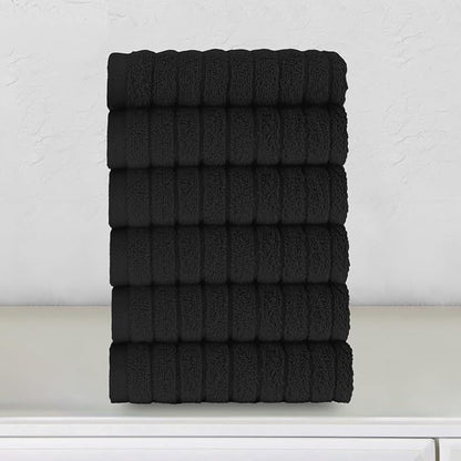 Elegant Comfort 100% Turkish Cotton Corduroy Ribbed Luxury Washcloths 6 Pack Soft 13 x 13 Inch - Higly Absorbent, Durable, Quick Dry, Spa Premium Hotel Quality for Bathroom or Travel, Black