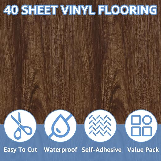 40 Sheet Vinyl Flooring 12 x 12 Peel and Stick Floor Tile Waterproof Dark Wood Vinyl Floor Tiles Clearance Self Adhesive Floor Tiles Sticky Laminate Flooring Stick on Bathroom Kitchen Basement