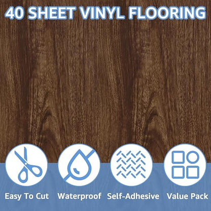 40 Sheet Vinyl Flooring 12 x 12 Peel and Stick Floor Tile Waterproof Dark Wood Vinyl Floor Tiles Clearance Self Adhesive Floor Tiles Sticky Laminate Flooring Stick on Bathroom Kitchen Basement