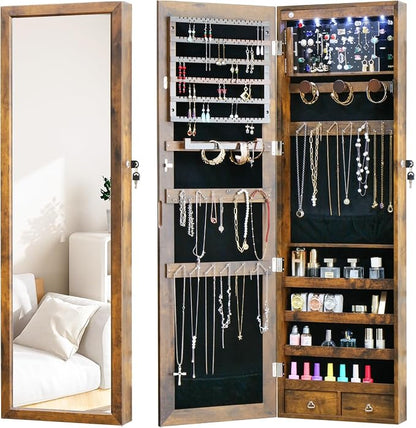 Jewelry LED Cabinet with Mirror 47.3"Mirror Jewelry Armoire over the Door | Door Hanging/Wall Mounted Mirror with Storage And Drawers Rustic Brown