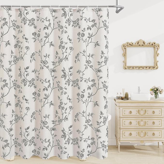 MitoVilla Extra Long Shower Curtain Set 72 x 84, Cotton Floral Cottagecore Spring Shower Curtains for Bathroom, Modern Farmhouse Country Plant Leaves Bathroom Décor