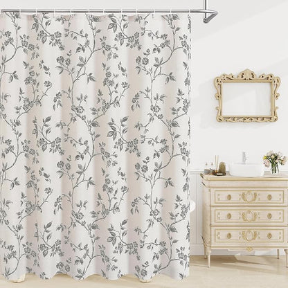 MitoVilla Grey Cotton Floral Shower Curtain for Bathroom, 72 x 72 | Grey BoHo Cottagecore Spring Shower Curtains, Modern Farmhouse Country Plant Leaves Bathroom Décor, 72 x 72