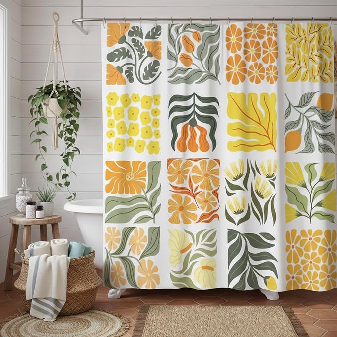 JAWO Cute Boho Floral Shower Curtain, Vintage Yellow Abstract Floral Retro Aesthetic Plant Shower Curtain for Bathroom, Funky Unique Waterproof Fabric Polyester Bath Curtains Decor with Hooks,70Wx75H
