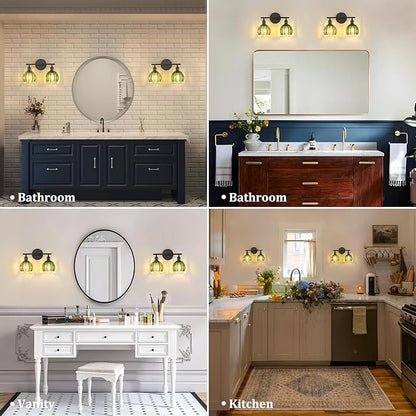 Bathroom Light Fixtures, 2-Light Black Vanity wall Light Over Mirror with Green Tulip Glass Shade for Bedroom Living Room (Bulb Not Included)