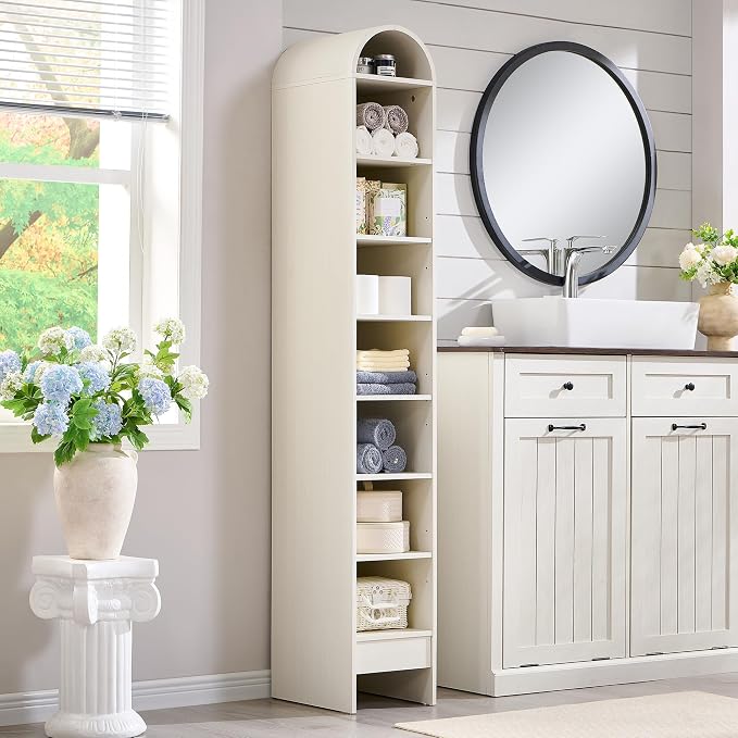 IFBUY 67" Tall Arched Bathroom Storage Cabinet, 8-Tier Modern Farmhouse Storage Cabinet with Adjustable Shelves, Wood Freestanding Cabinet for Bathroom, Living Room, Entryway, Hallway (Antique White)