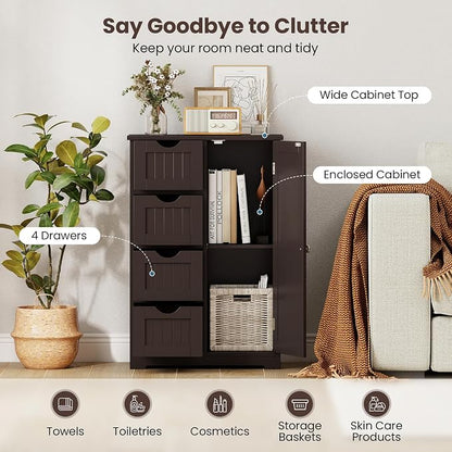 Giantex Bathroom Storage Cabinet with Drawers - 4 Drawer Storage Organizer w/Cupboard, Adjustable Shelf, Anti-Toppling Device, Entryway Storage Unit Console Table, Bathroom Floor Cabinet (Brown)